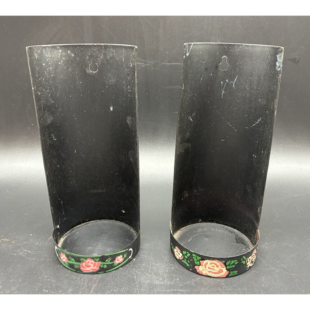 Metal Oil Lamp Cylinder Haind-Painted Flower Wall Sconces (2) Made in Hong Kong